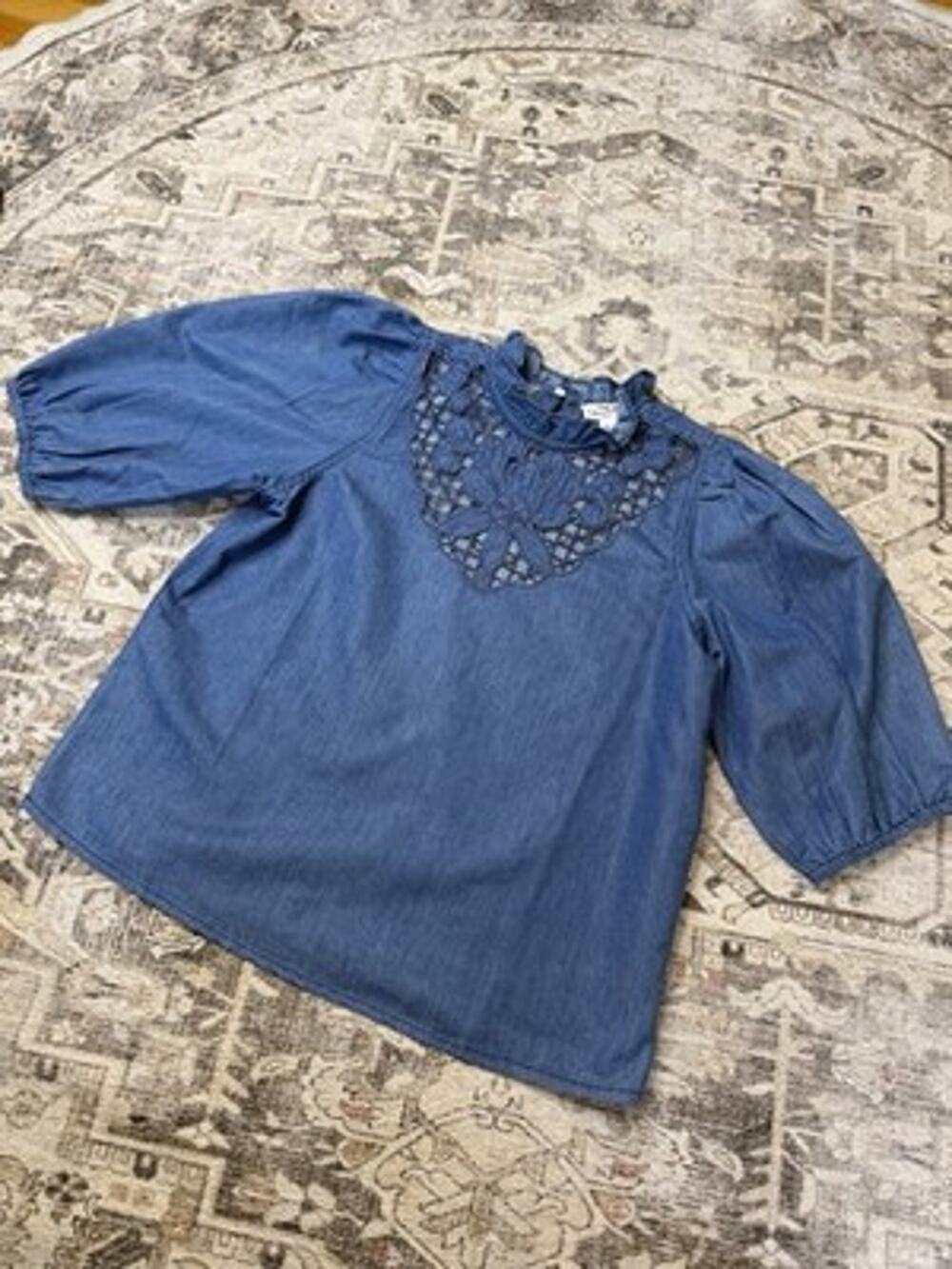 Tulip Creations Denim Top M Blue Crochet Lace Cut Out Ruffle Neck Blouse Western
